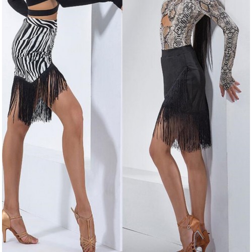 Women's zebra black sexy fringe latin skirt modern front flit tassel latin ballroom salsa chacha dancing skirt for lady
